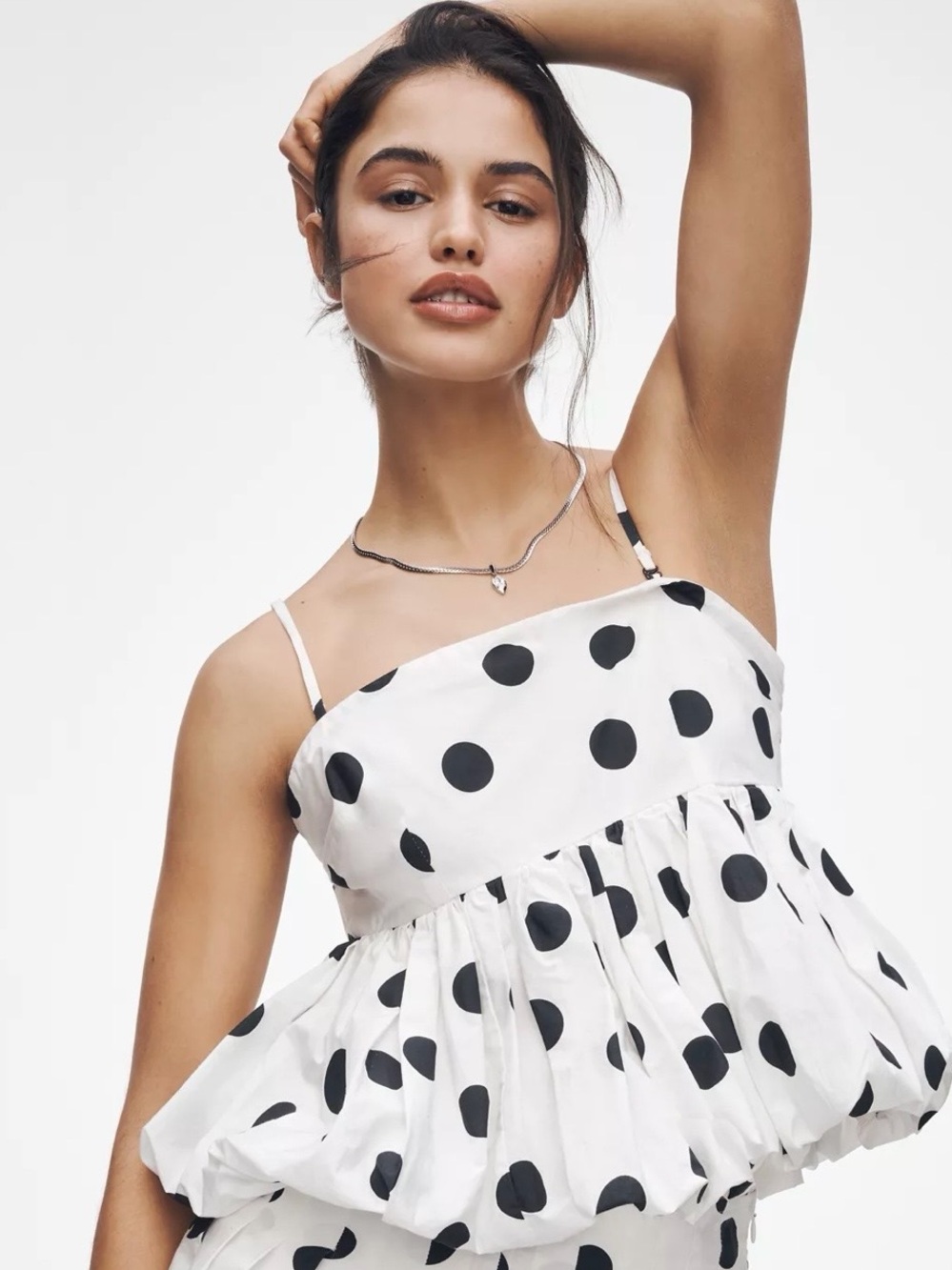 Mauve Anthropology Babydoll Bubble Blouse - White + Black Polka Dots